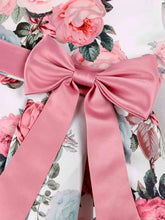 Slim-Fit Bodice & Flared Rose Floral Print Dress with Red Ribbon Belt Skirt